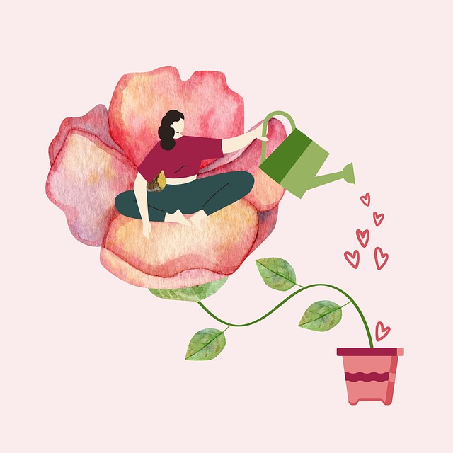 自分と相手を大切にするイメージを、植物に水をやる女性のイラストで表現