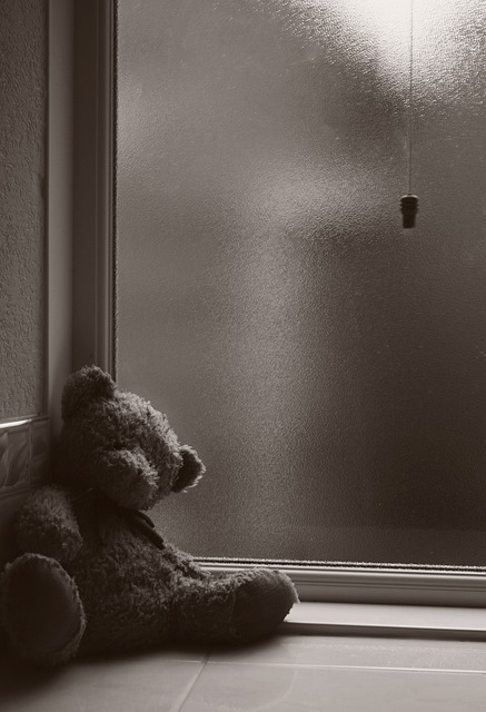 子供は言葉ではなく、家庭内の空気を受け取っているイメージを、窓の隅に置かれているテディベアの画像で表現